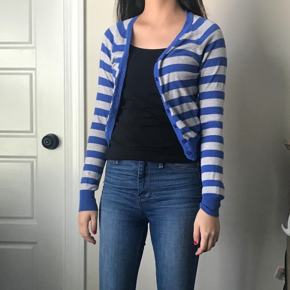 Blue and grey striped cardigan